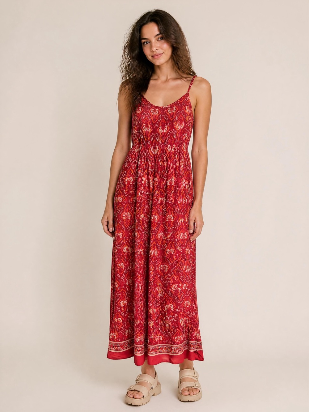 Red Printed Smocked-Waist Maxi Jumpsuit with Spaghetti Straps
